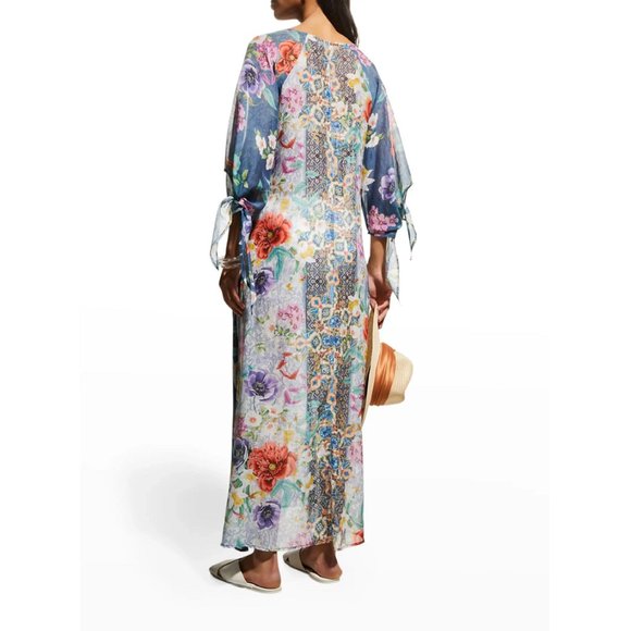 Johnny Was Sunrise Surf Swim Resort Cover Up Long Dress V Neck Flower Blue NEW - Picture 3 of 10